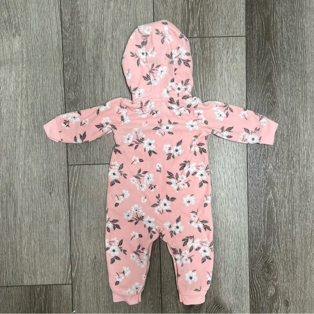 CARTERS HOODED FLEECE JUMPSUIT PINK FLORAL 6MO